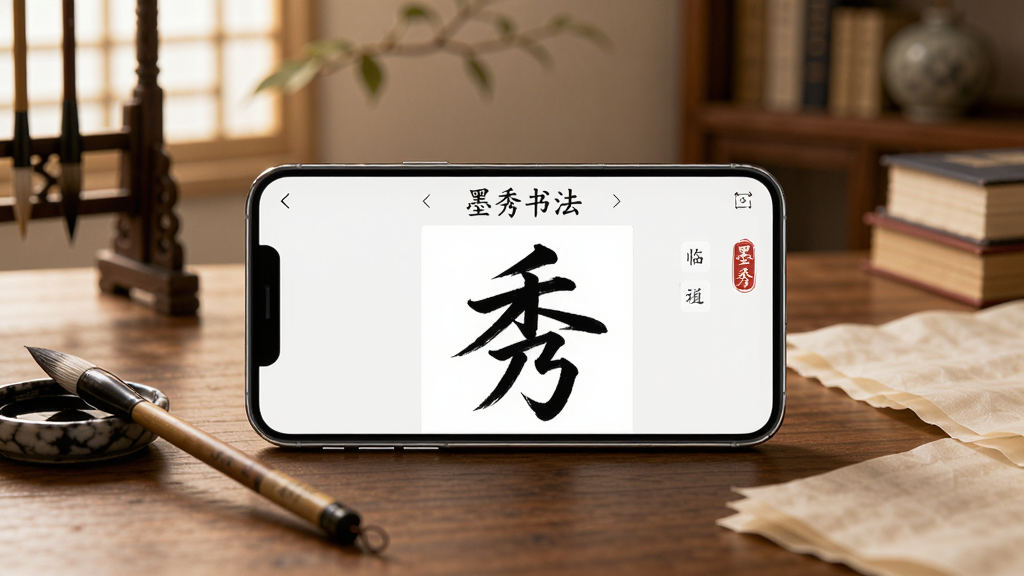 墨秀书法APP移动端使用场景图,画面中一部手机横屏放置在木质书桌上,手机屏幕上显示着墨秀书法的临摹界面,屏幕上方有“墨秀书法”字样,手机旁边放着毛笔、墨汁和宣纸,背景为安静的书房环境,整体风格温馨雅致,画质高清,干净无多余元素