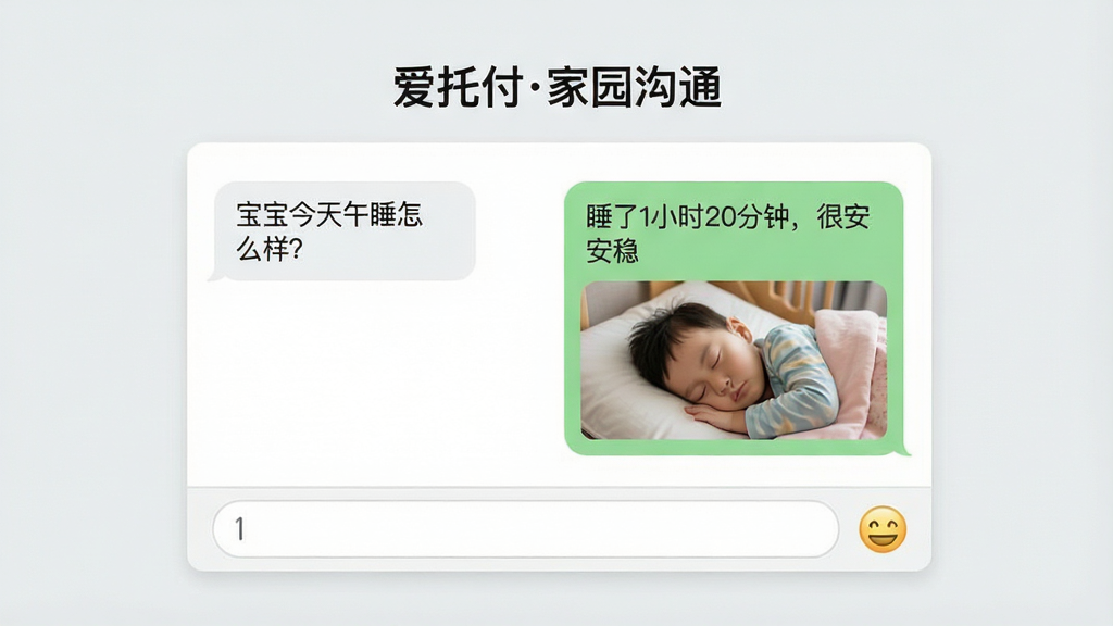 爱托付家园沟通界面示意图,画面中心为聊天对话框样式,左侧气泡显示家长提问“宝宝今天午睡怎么样?”,右侧气泡显示老师回复“睡了1小时20分钟,很安稳”并附带一张午睡照片。对话框上方显示“爱托付家园沟通”标题,下方有输入框和表情按钮。背景为浅灰色,风格极简清新,画质干净,排版整齐。