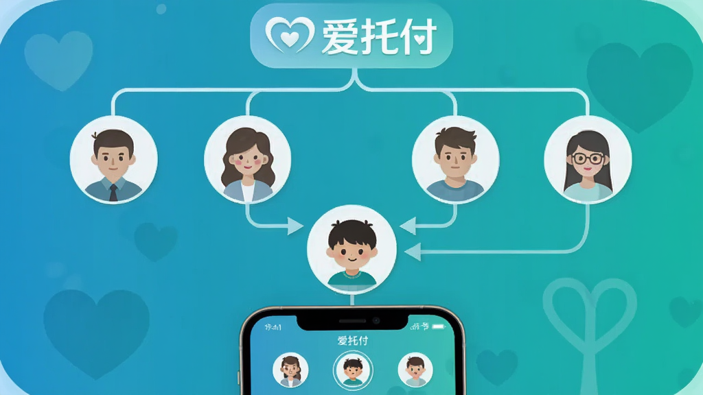 爱托付多角色绑定示意图,画面展示一个家庭树状图,顶部为“爱托付”Logo,下方分出爸爸、妈妈、爷爷、奶奶四个头像节点,每个节点通过连线指向中央的孩子头像。树状图下方显示手机屏幕,屏幕内为角色切换界面。风格为简洁信息图,蓝绿色调,画质清晰,无多余文字。