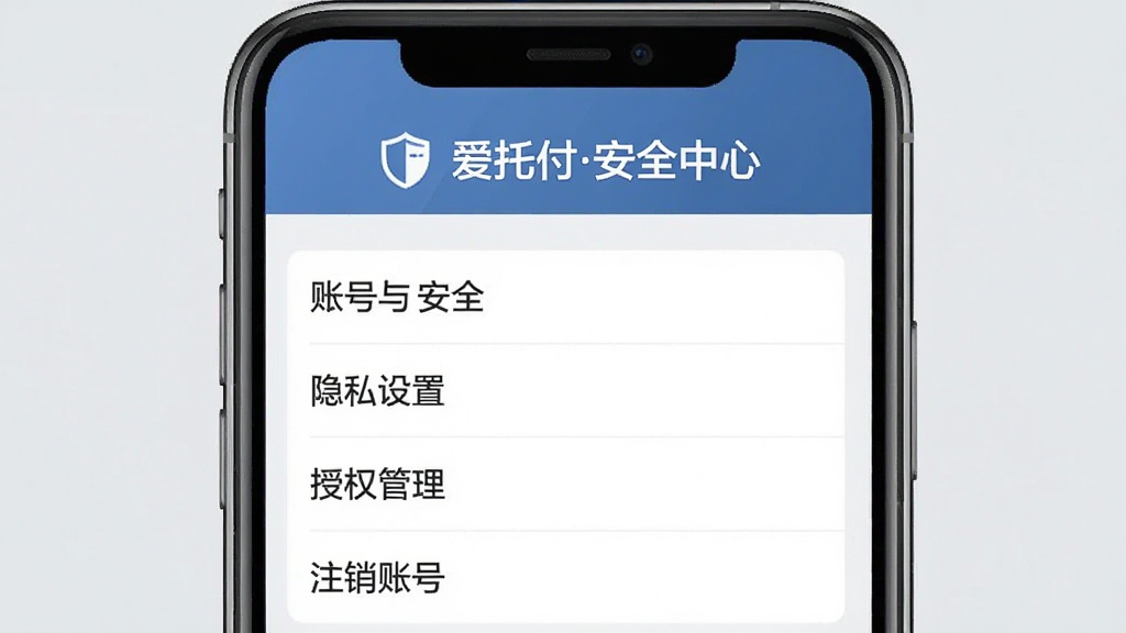 爱托付安全中心界面示意图,画面为手机屏幕显示隐私设置页面,包含“账号与安全”“隐私设置”“授权管理”“注销账号”等菜单项,页面顶部有盾牌图标和“爱托付安全中心”字样。背景为浅灰色,风格简洁商务,画质干净,排版清晰,无多余元素。