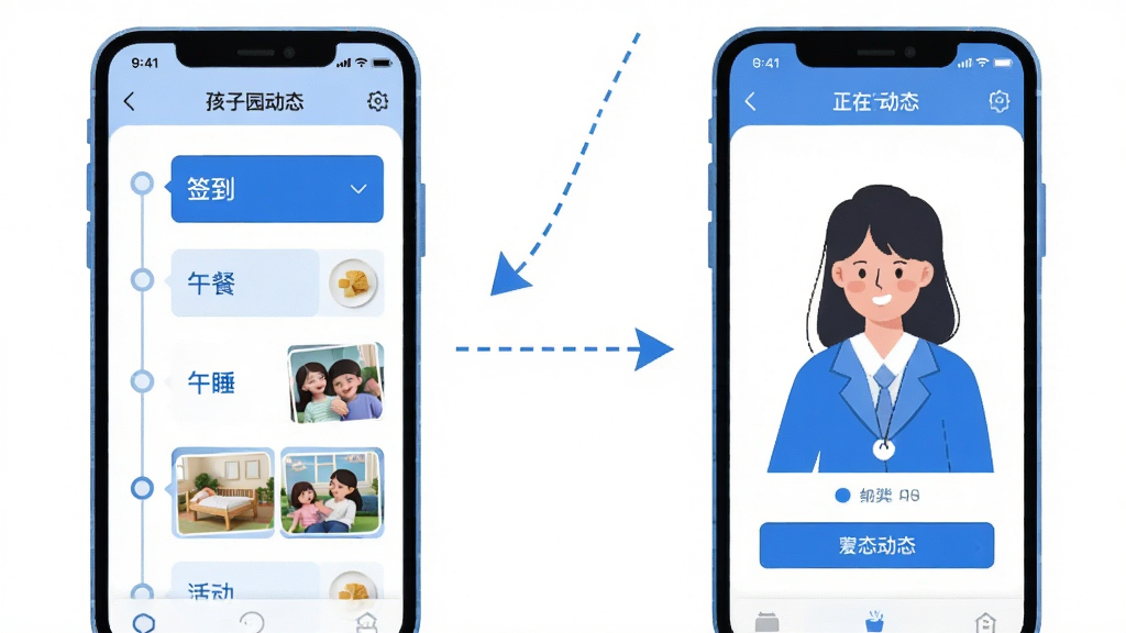 爱托付软件功能展示图,画面左侧为家长手机屏幕,显示时间轴形式的孩子在园动态列表,包含签到、午餐、午睡、活动照片等条目;画面右侧为老师端手机屏幕,显示正在上传动态的操作界面。两部手机并排布局,中间用虚线箭头连接表示数据同步。风格为科技感扁平插画,色调以蓝白为主,细节简洁,画质清晰,无多余装饰。
