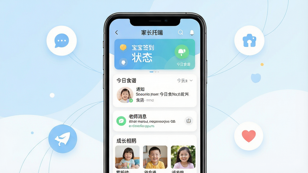 一张展示爱托付软件核心功能的手机界面预览图,画面中央是一部竖屏智能手机,屏幕内显示爱托付家长端首页,包含宝宝签到状态卡片、今日食谱、老师消息通知和成长相册缩略图。背景为柔和的浅蓝色与白色渐变,周围点缀简洁的圆形图标和细线装饰。风格为现代扁平化UI设计展示,细节清晰,画质干净明亮,无多余元素,整体排版居中对称。