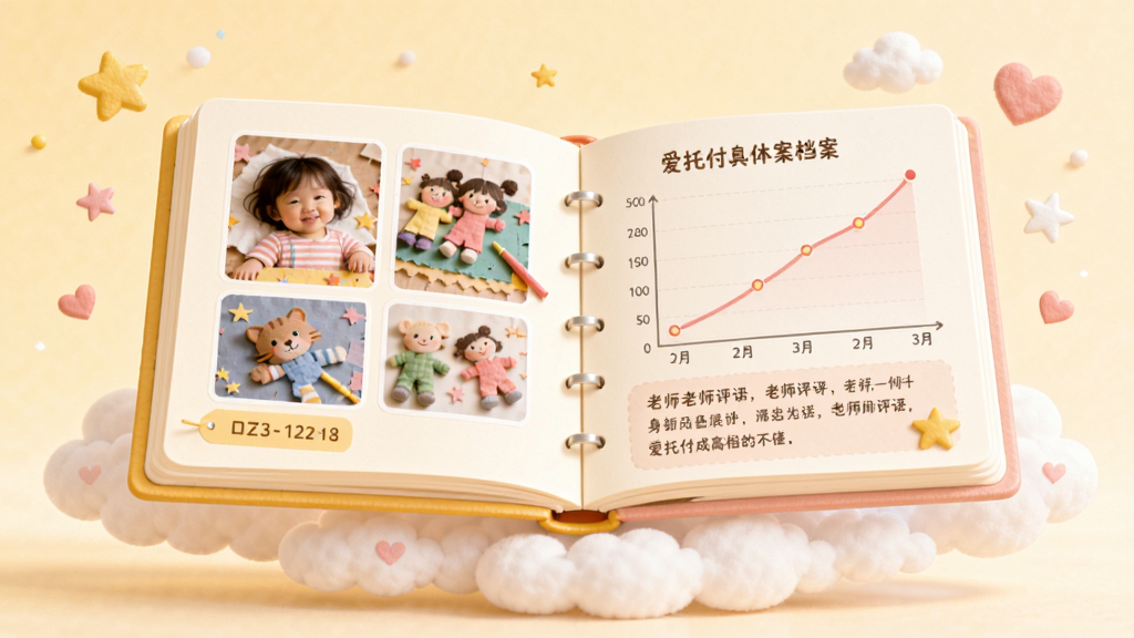 爱托付成长档案功能展示图,画面为一本翻开的电子相册,左页显示孩子手工作品照片和日期标签,右页显示身高体重曲线图和老师评语。相册悬浮在云朵图案上方,周围有细小的星星和爱心点缀。风格温馨柔和,色调为暖黄与浅粉,画质细腻,无杂乱元素。