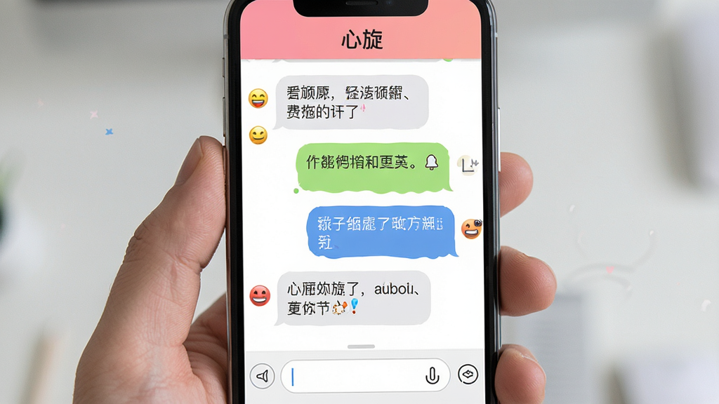 一张展示心旋聊天界面的生图,主体为手机屏幕中的聊天对话窗口,布局为左右气泡对话形式,排版自然,风格轻松活泼,细节包括对话气泡中的文字、表情图标和底部输入框,画质高清干净,画面顶部显示“心旋”应用名称,无多余元素