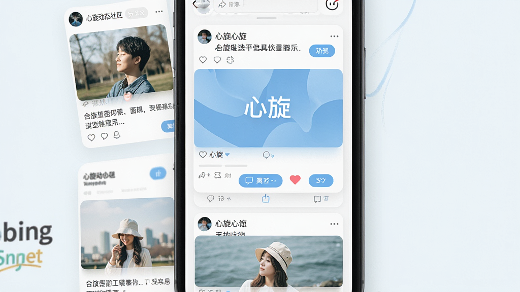 一张展示心旋动态社区的生图,主体为手机屏幕中的动态信息流页面,布局为瀑布流卡片式排列,排版疏密有致,风格清新明快,细节包括动态配图、文字描述和互动按钮,画质高清干净,画面中一张卡片上写有“心旋”文字,无多余元素