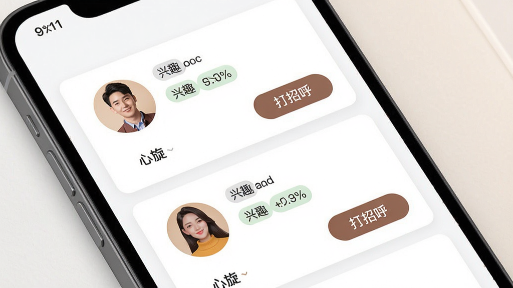 一张展示心旋智能匹配功能的生图,主体为手机屏幕中呈现的匹配推荐列表,布局为上下排列的用户卡片,排版整齐,风格科技感与温馨感结合,细节包括卡片上的人物头像、兴趣标签匹配度百分比和“打招呼”按钮,画质高清干净,画面中卡片上写有“心旋”字样,无多余元素