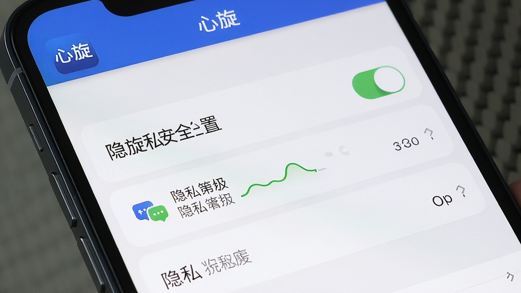 一张展示心旋隐私安全设置的生图,主体为手机屏幕中的设置页面,布局为列表式选项排列,排版清晰,风格专业简洁,细节包括开关按钮、隐私等级图标和“心旋”应用标识,画质高清干净,无多余元素