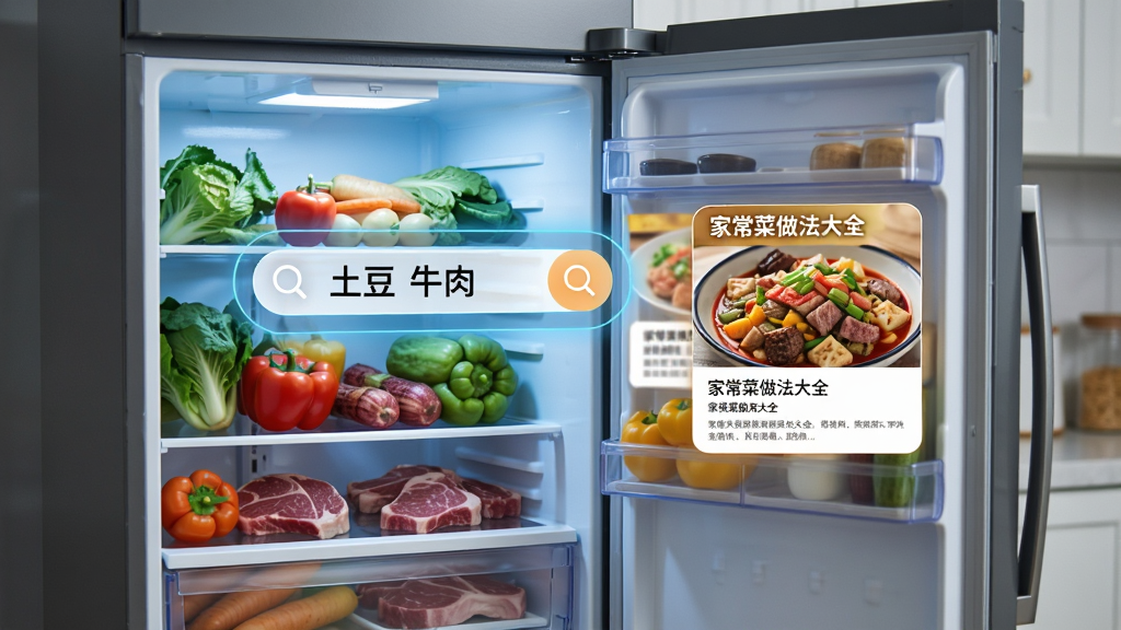 一张AI生成的图片,画面主体是一台打开的冰箱,里面装满各种蔬菜和肉类,冰箱门上投射出一个虚拟搜索框,搜索框内显示“土豆 牛肉”,旁边弹出几道匹配的菜谱卡片,卡片上有“家常菜做法大全”的标识,风格科技感与生活感结合,布局合理,画质清晰