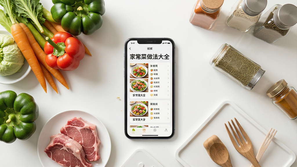 一张干净整洁的现代厨房台面俯视图,台面上摆放着新鲜的蔬菜、肉类和调味料,中间放置一部智能手机,手机屏幕显示着家常菜做法大全的菜谱列表界面,界面排版清晰,文字包含“家常菜做法大全”,整体风格明亮温馨,细节丰富,4K画质,画面干净无多余杂物