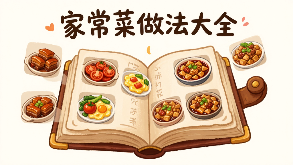 一张AI生成的图片,画面主体是一本悬浮的魔法食谱书,书页翻开,每一页都飘出不同菜品的缩略图,如红烧肉、西红柿炒蛋、麻婆豆腐等,书本上方有“家常菜做法大全”字样,布局居中,风格为温馨卡通手绘,细节丰富,背景干净,画质清晰