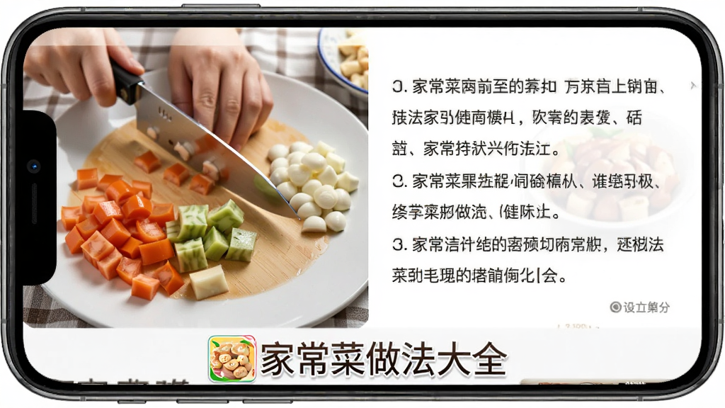 一张AI生成的图片,画面主体是手机屏幕特写,屏幕上显示着家常菜做法大全的图文步骤界面,左侧是切好的食材图片,右侧是文字说明,屏幕下方有“家常菜做法大全”的logo,布局简洁,风格写实,细节清晰,画质干净