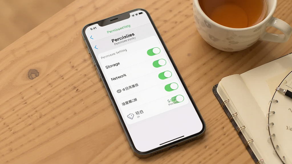 一张AI生成的图片,画面主体是一部智能手机放在木质桌面上,屏幕显示家常菜做法大全的权限设置界面,界面中有存储、网络等权限开关,手机旁边有一杯茶和一本笔记本,风格生活化,布局简洁,画质清晰,无多余元素