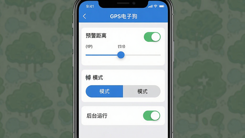 一张手机界面截图风格图片,展示GPS电子狗设置页面,页面中包含预警距离滑块、模式选择按钮、后台运行开关等元素,主体为手机屏幕与设置选项,布局为竖向手机界面居中,风格现代UI设计,细节包括开关按钮、滑块、图标,画质高清干净无多余元素,图片中文字标注“GPS电子狗”