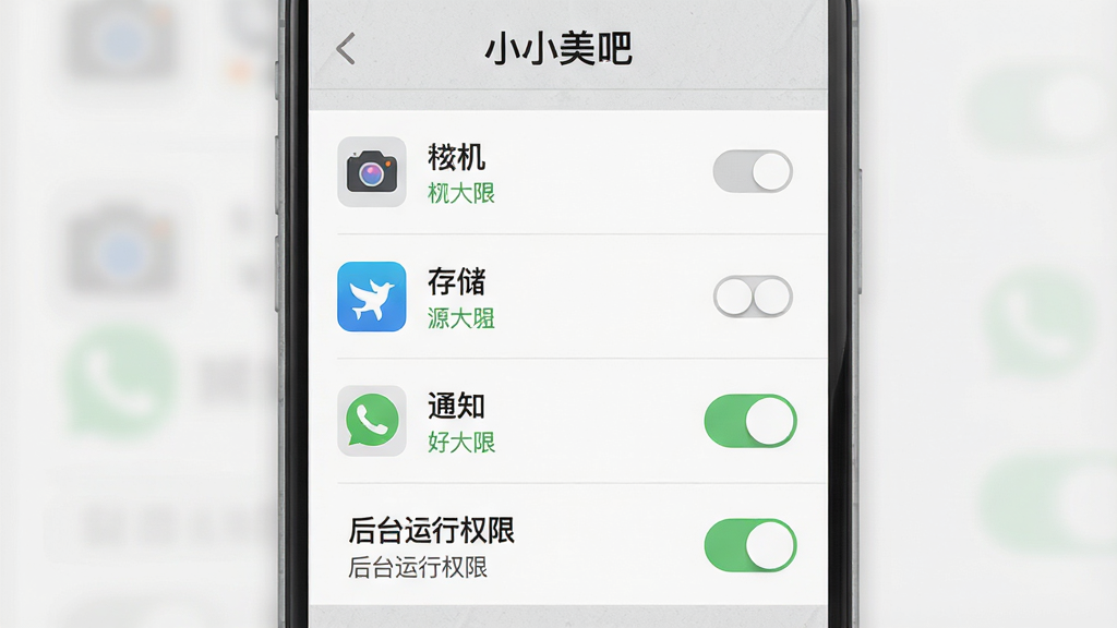 一张手机安全设置界面示意图,画面主体为“小小美吧”应用权限管理页面,布局为纵向列表,包含相机、存储、通知和后台运行权限开关,风格为浅灰质感扁平设计,细节包括权限图标和状态标签,画质高清,干净,无多余元素