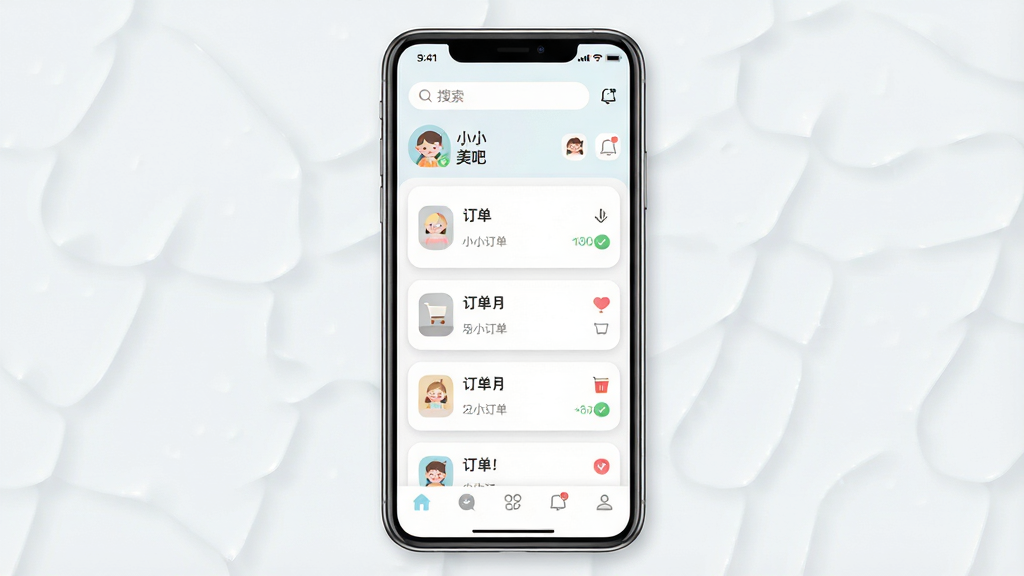 一张手机应用界面展示图,画面中央是“小小美吧”应用主界面,包含订单列表、店铺头像和消息通知图标,布局为上下结构,上方为状态栏与搜索框,中部为订单卡片列表,下方为导航栏,风格为清爽浅色扁平化设计,细节包括圆角卡片、柔和阴影和简洁图标,画质高清,干净,无多余元素