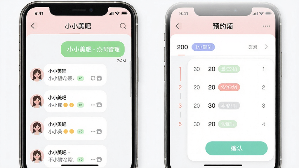一张手机聊天与预约管理界面图,画面主体为“小小美吧”应用内的对话窗口与预约日历,布局为左右分栏,左侧为消息列表,右侧为预约时间轴,风格为柔和圆角卡片设计,细节包括已读标记、时间标签和确认按钮,画质高清,干净,无多余元素