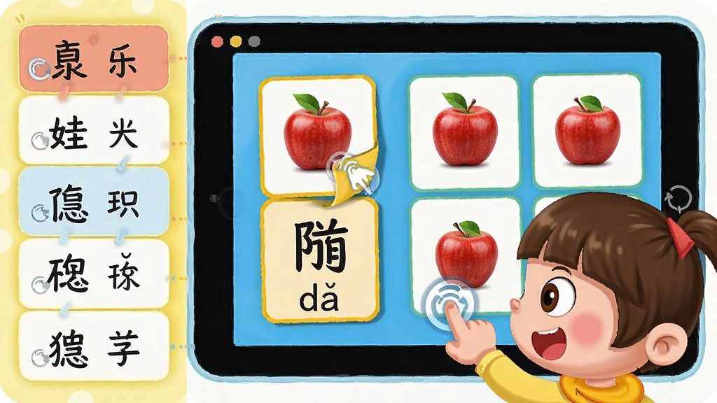 乐娃看图识字功能展示图,画面中是一个卡通儿童正在点击屏幕上的汉字卡片,卡片翻开后显示对应的苹果图片和拼音,布局为左右分栏,左侧是汉字列表,右侧是图片展示区,风格为明亮活泼的儿童教育风格,细节上屏幕带有触摸手势提示,画质清晰干净,无多余元素