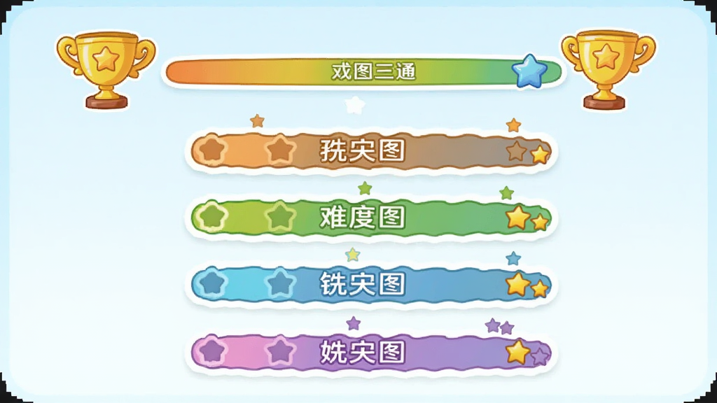 乐娃看图识字学习进度界面,画面中是一个卡通风格的进度条和奖杯图标,进度条上标注着不同难度等级的汉字主题,布局为垂直排列,风格为清新简约的教育软件界面,细节上每个等级都有小星星标记完成度,画质高清干净,无多余元素