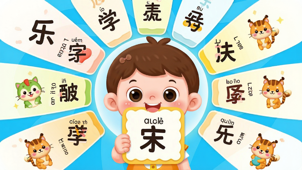 乐娃看图识字软件主界面展示,画面中央是卡通风格的儿童手持识字卡片,周围环绕着各种汉字和对应的彩色插图,布局采用中心辐射式排版,风格为清新可爱的儿童插画风,细节上卡片带有拼音标注和圆润的边框,画质高清干净,无多余元素