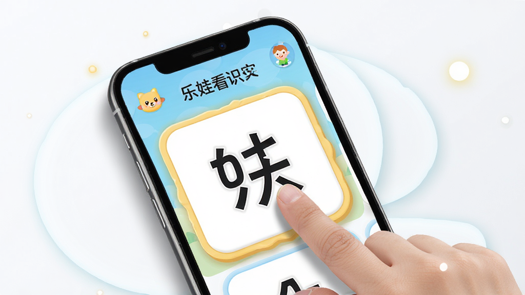 乐娃看图识字移动端操作示意图,画面中展示一部智能手机,屏幕上显示乐娃看图识字的识字卡片界面,手指正在点击汉字,布局为手机正面特写,风格为简洁的产品展示风格,细节上手机周围有轻微的投影和光晕效果,画质高清干净,无多余元素