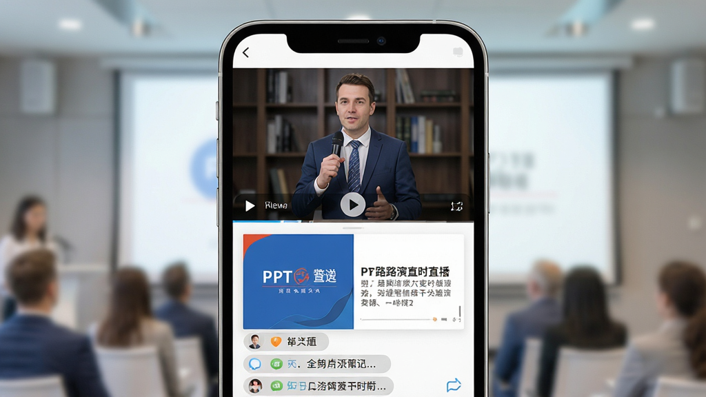 一张路演中在线直播功能的界面示意图,画面主体为手机屏幕中正在播放路演直播,布局采用上下结构,上方为演讲者视频画面,下方为PPT演示与互动评论区,风格为现代商务扁平化,细节包括清晰的画质、流畅的播放按钮和实时弹幕,画质高清、干净、无多余元素