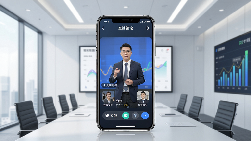 一张展示路演中软件核心功能的宣传图,画面主体为一部智能手机屏幕显示路演中APP的直播路演界面,背景是简洁的现代化会议室与数据图表,布局采用居中构图,风格偏向商务科技感,细节包括屏幕中的演讲者画面、在线互动按钮和实时数据面板,画质高清、干净、无多余元素