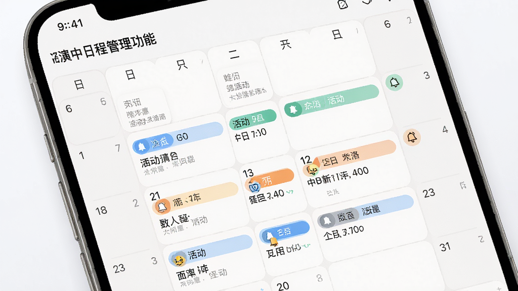 一张路演中日程管理功能的界面图,画面主体为手机日历视图显示多场路演活动,布局采用月历网格排版,风格柔和圆角,细节包括彩色日程标签、提醒铃铛图标和活动缩略信息,画质高清、干净、无多余元素