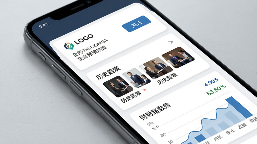 一张路演中企业主页界面的展示图,画面主体为手机屏幕显示公司信息卡片与路演列表,布局采用卡片式排版,风格简约商务,细节包括公司LOGO、关注按钮、历史路演缩略图和财务数据图表,画质高清、干净、无多余元素