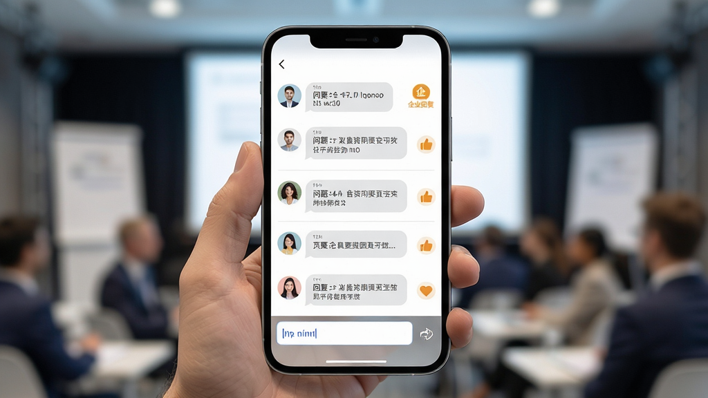 一张路演中投资者互动问答界面的展示图,画面主体为手机屏幕显示问答列表与输入框,布局采用列表式排版,风格清新简洁,细节包括用户头像、问题气泡、企业回复标识和点赞图标,画质高清、干净、无多余元素