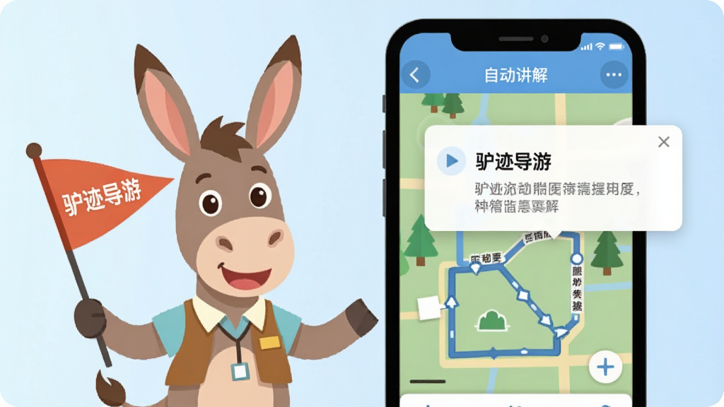驴迹导游软件界面中,一个卡通驴子形象手持导游旗站在手机屏幕旁,屏幕上显示景区地图和自动讲解弹窗。背景为淡蓝色渐变,布局为左侧卡通形象、右侧手机界面。风格为扁平化插画,细节包含驴子表情友好、导游旗有“驴迹导游”字样、地图路线清晰。画质干净,无多余元素。