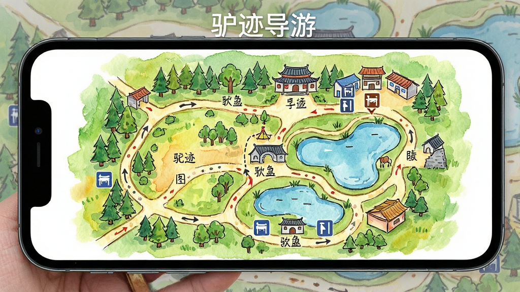 驴迹导游手绘地图界面展示,画面主体为一张色彩丰富的手绘景区地图,上面标注了景点名称、路线和设施图标。手机横屏显示,地图占据主要画面。风格为手绘水彩风,细节包含小径、树木、建筑、湖泊等元素,图标清晰可辨。画质高清,干净整洁,地图上方有“驴迹导游”水印文字。