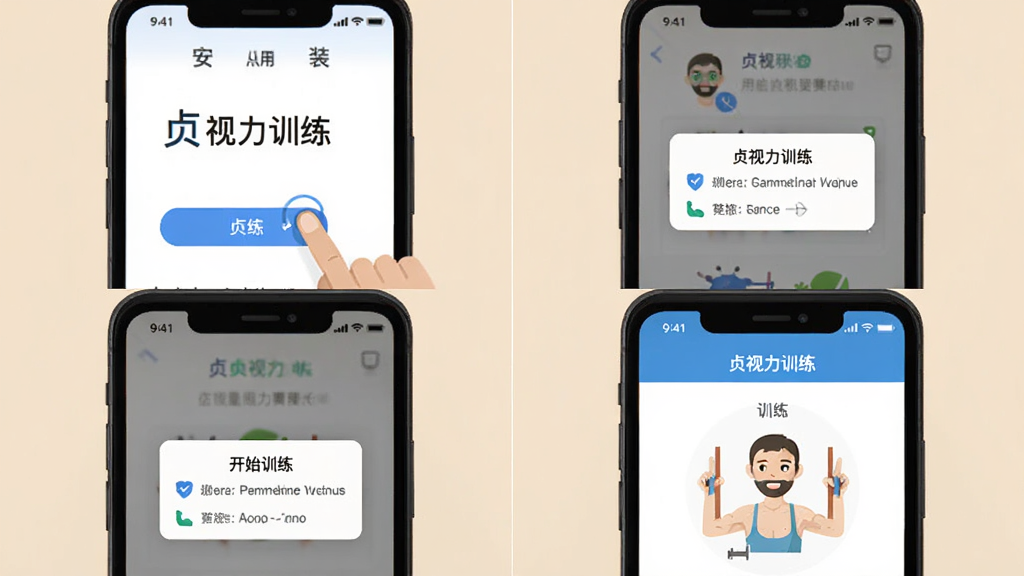 “贞视力训练”应用在手机上的操作步骤示意图,主体为手机屏幕展示从安装到开始训练的流程,布局为四格分镜,风格扁平化,细节包括点击按钮、权限弹窗和训练界面,画质清晰,干净,无多余元素