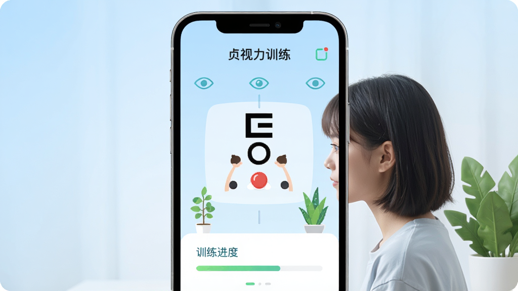 手机屏幕上显示“贞视力训练”应用界面,主体为一位年轻用户正专注观看屏幕上的视力训练动画,布局为手机正面居中展示,背景为柔和的浅蓝色渐变,风格清新简约,细节包括护眼图标、训练进度条和绿色植物装饰,画质高清,干净,无多余元素