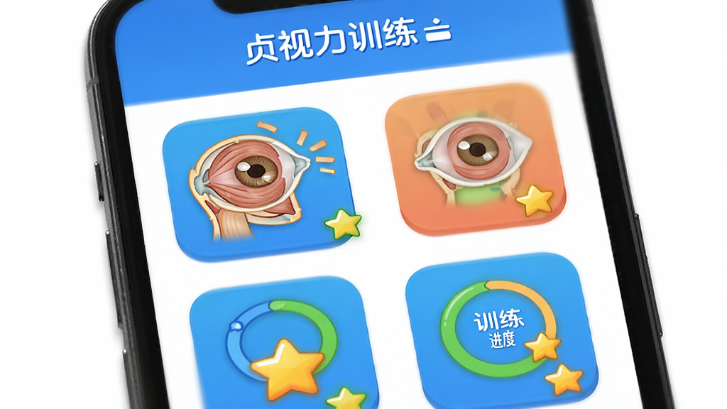 “贞视力训练”应用界面中展示多个训练模块图标,主体为手机屏幕特写,布局为图标网格排列,风格卡通活泼,细节包括眼部肌肉示意图、训练进度环和奖励星星,画质清晰,干净,无多余元素