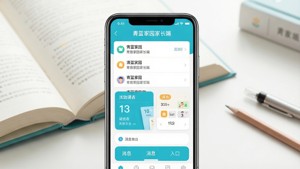 一张展示青蓝家园家长端核心界面的手机样机图,画面中央是一部竖屏智能手机,屏幕内显示青蓝家园家长端的首页,包含通知列表、课表卡片和消息入口,背景为柔和的书本与铅笔桌面场景,布局采用居中构图,风格清新明快,细节上突出应用图标和界面文字“青蓝家园家长端”,画质清晰干净,无多余元素