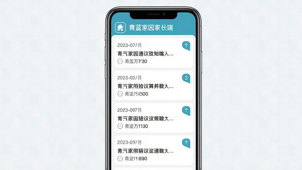 一张展示青蓝家园家长端校园通知聚合功能的界面图,画面为手机屏幕显示通知列表,列表项包含日期、标题和角标,布局为垂直列表,风格清爽素雅,细节上突出“青蓝家园家长端”的应用名称和通知图标,画质清晰干净,无多余元素