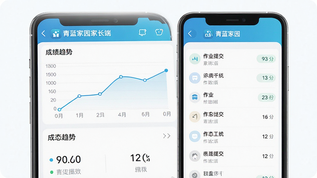 一张展示青蓝家园家长端学习动态追踪功能的界面图,画面为手机屏幕显示成绩趋势折线图和作业提交状态列表,布局采用上下分区,风格简约商务,细节上包含数据图表和“青蓝家园家长端”标识,画质清晰干净,无多余元素