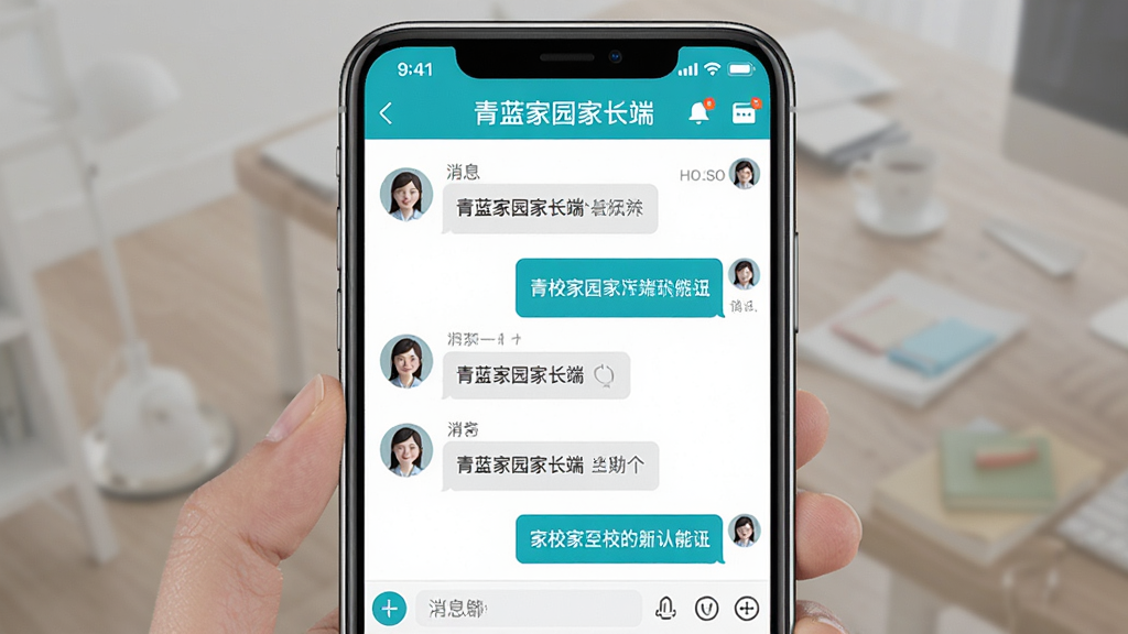 一张展示青蓝家园家长端家校即时通讯功能的界面截图,画面主体为手机屏幕,屏幕内显示消息列表和聊天对话框,对话框中有老师头像和文字气泡,布局为上下结构,风格简洁现代,细节上突出“青蓝家园家长端”的应用名称和消息通知图标,画质清晰干净,无多余元素