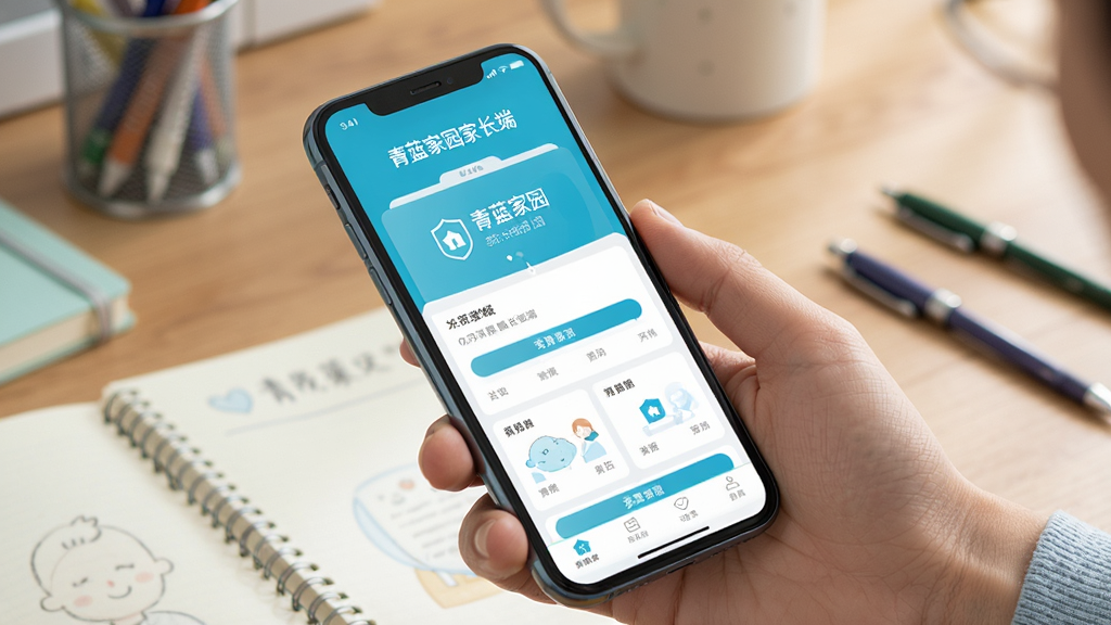 一张展示青蓝家园家长端在手机上运行的场景图,画面为一只手拿着手机,手机屏幕显示应用主界面,背景为书桌和文具,布局为斜侧视角,风格生活化,细节上突出“青蓝家园家长端”界面和手机边框,画质清晰干净,无多余元素