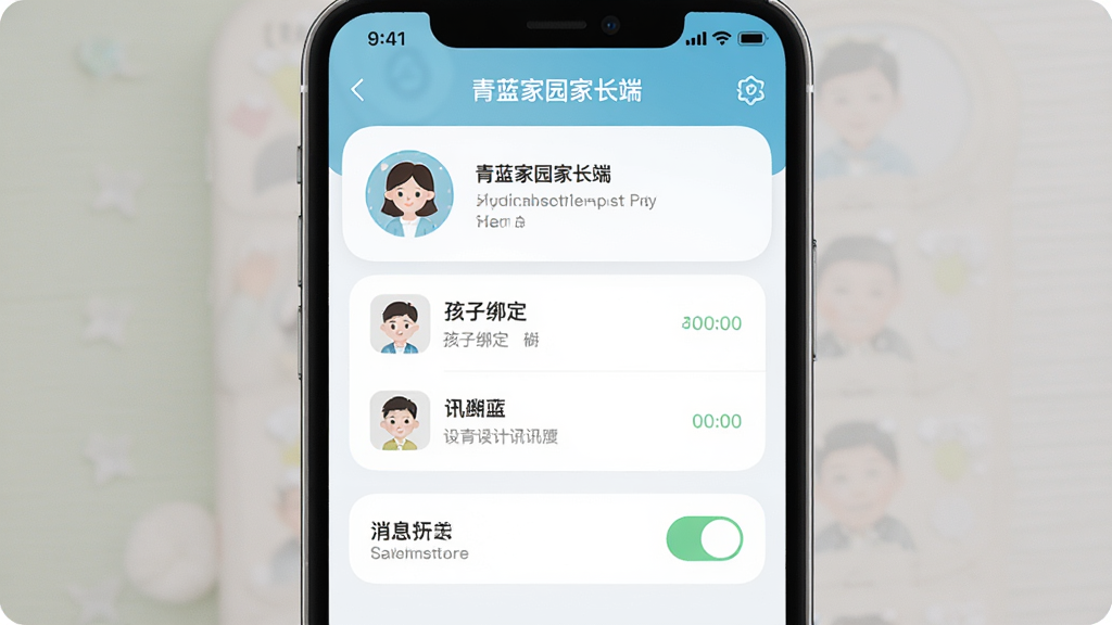 一张展示青蓝家园家长端个人中心管理界面的手机截图,画面为手机屏幕显示个人资料页和设置选项,包含头像、孩子绑定列表和消息开关,布局为上下结构,风格柔和圆角,细节上突出“青蓝家园家长端”应用名称和设置图标,画质清晰干净,无多余元素