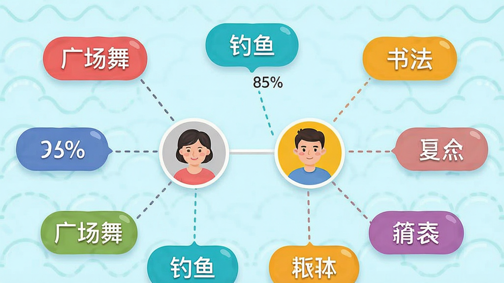 本地中年交友兴趣标签推荐界面,画面展示多个彩色兴趣标签浮动排列,标签上写有“广场舞”“钓鱼”“书法”等文字,中央两个用户头像通过线条连接,布局采用发散式构图,风格活泼明快,细节包括标签圆角矩形、连接虚线、匹配百分比,画质清晰,干净无多余元素