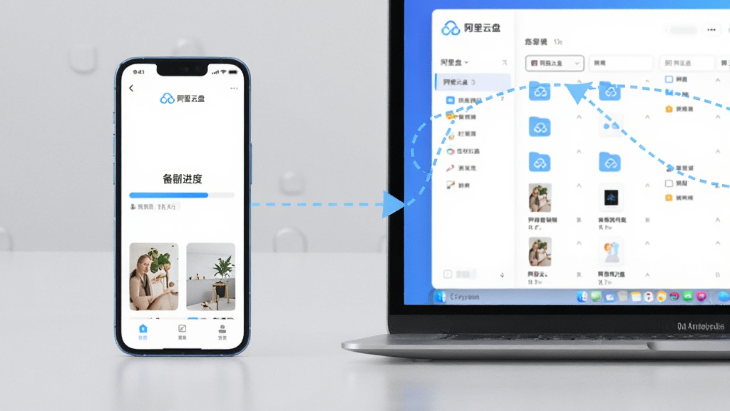 一部智能手机和一台笔记本电脑并排摆放,手机屏幕显示阿里云盘相册备份进度条,电脑屏幕显示同一账户下的文件列表,两者之间用淡蓝色虚线箭头表示同步关系,背景为浅灰色极简桌面,布局为左右对比构图,风格为清新简约产品展示风,细节上手机界面有