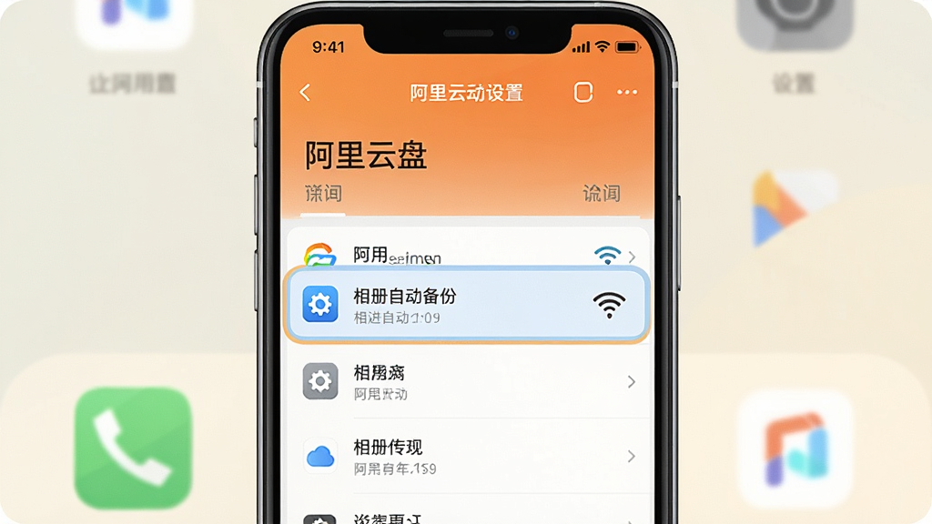 一张手机屏幕展示阿里云盘设置界面的示意图,界面中
