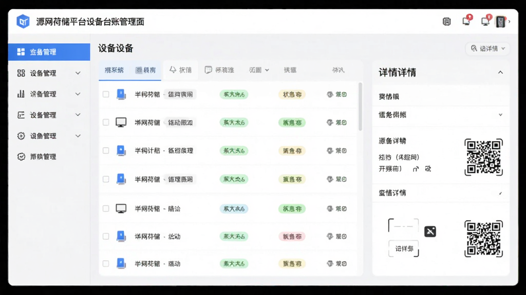 源网荷储平台设备台账管理页面示意图,主体为设备列表与详情卡片,布局采用左侧导航右侧内容结构,排版规整,风格为浅色商务风,细节包含设备图标、状态标签、二维码扫描按钮,画质高清,干净,无多余元素