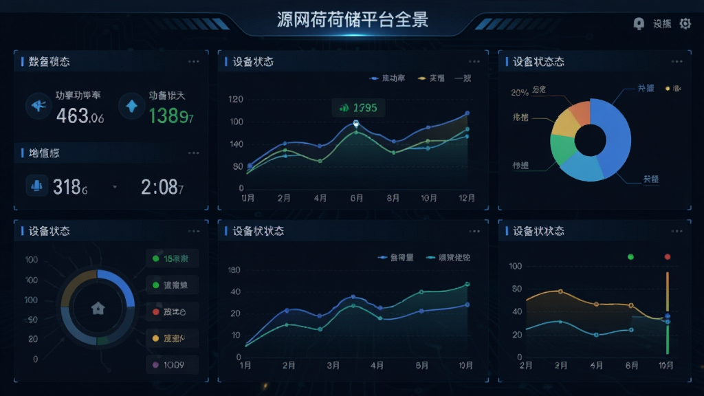 源网荷储平台全景能源监控界面展示图,主体为数据仪表盘与曲线图表,布局采用上下分栏结构,排版整齐,风格为深色科技风,细节包含功率数字、折线图、饼图、设备状态指示灯,画质高清,干净,无多余元素