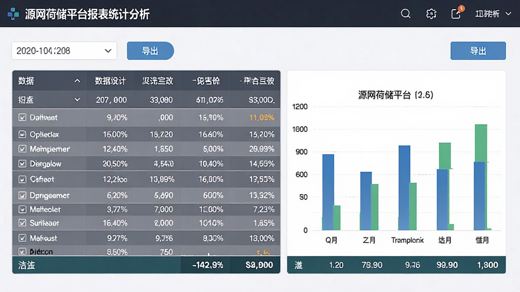 源网荷储平台报表统计分析界面展示图,主体为数据表格与柱状图组合,布局采用上下结构,排版清晰,风格为简约商务风,细节包含日期选择器、导出按钮、数据汇总行,画质高清,干净,无多余元素