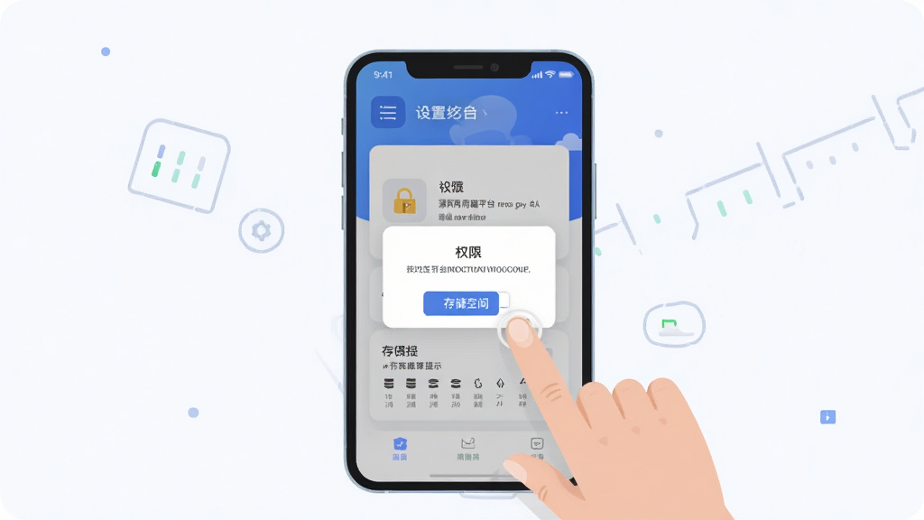 源网荷储平台移动端操作示意图,主体为手机界面与手指点击动作,布局采用居中构图,排版简洁,风格为扁平化插画风,细节包含设置菜单、权限弹窗、存储空间提示,画质高清,干净,无多余元素