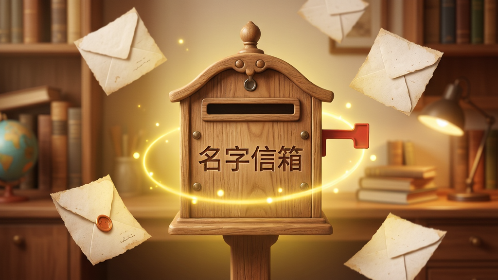 名字信箱应用主界面展示,画面中央是一个精致的复古风格木质信箱,信箱上刻有“名字信箱”四个字,周围环绕着柔和的暖黄色灯光和飘落的信纸元素,背景是温馨的书房场景,布局采用中心对称构图,风格温暖治愈,细节上信纸带有淡淡的纹理,画质高清,干净明亮,无多余杂乱元素