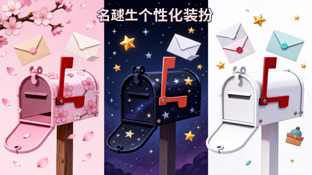 名字信箱个性化装扮界面,画面中并排展示三个风格迥异的信箱:左边是粉色樱花主题,中间是深色星空主题,右边是简约白色主题,每个信箱旁边漂浮着对应的信纸和装饰元素,布局采用横向排列对比展示,风格活泼明快,细节上樱花花瓣和星星点点缀其间,画质细腻,色彩鲜艳,无多余元素干扰