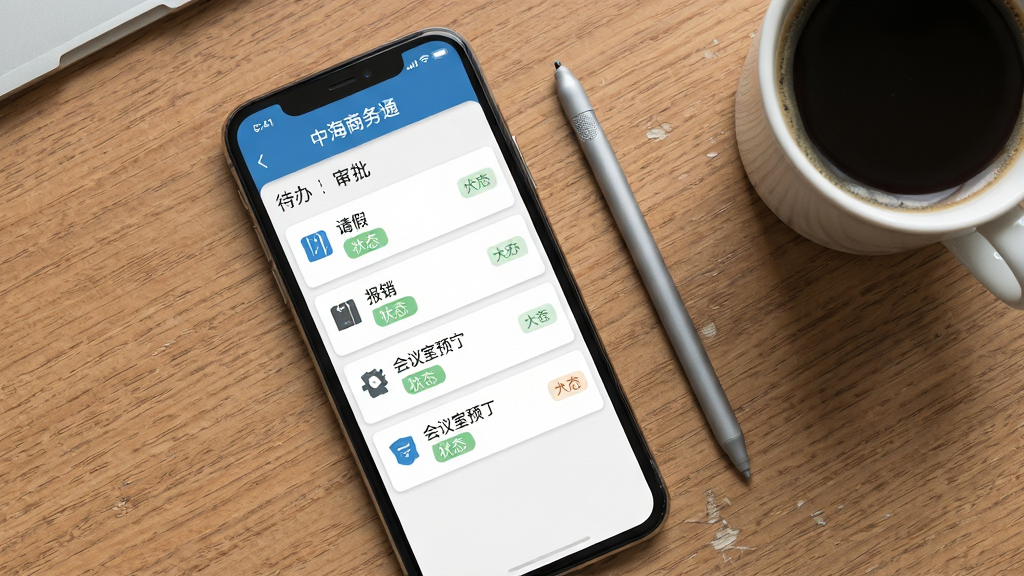 手机屏幕显示中海商务通的待办审批列表,包含请假、报销、会议室预定等条目,每个条目带有状态标签,手机旁边有一支触控笔和一杯咖啡,背景为木质办公桌面,主体为手机界面,布局为俯视平铺构图,风格为简约办公写实,细节包括界面层次分明、图标统一、文字清晰,画质高清,画面干净无多余元素
